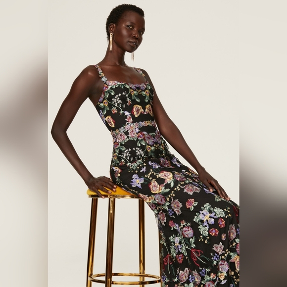 NWOT Size 6 Marchese Notte  Metallic Black & Floral Embroidered Tulle Gown - Picture 6 of 16